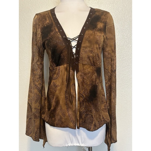 Windsor Tops - VTG Y2k Windsor Long Bell Sleeve Lace-up Top Angel Fairy Whimsy Goth sz.L V Neck